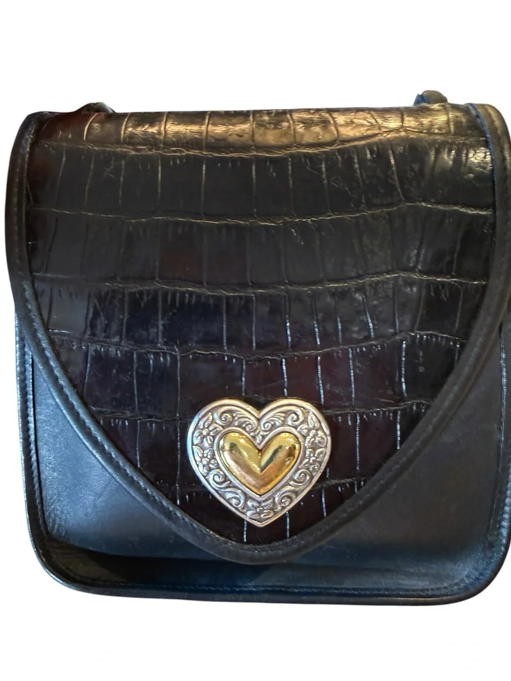 Brighton Black Croc-Embossed Heart Accent Shoulder Bag